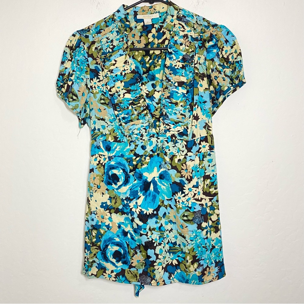 Dressbarn Women’s M Y2k Green Blue Floral Short Sleeve Tie back Blouse Top